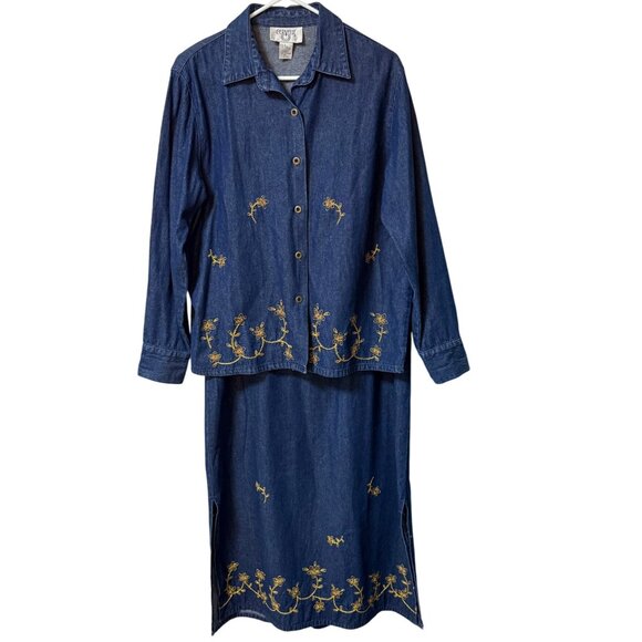 Cervelle Denim Maxi Dress 2 Piece Set Sz L Blue Jean VTG Embroidered Lagenlook - Picture 16 of 16